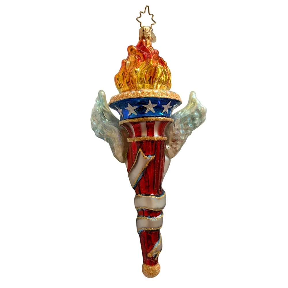 Christopher Radko Valiant and Brave Patriotic Torch Glass Ornament Doves Wings